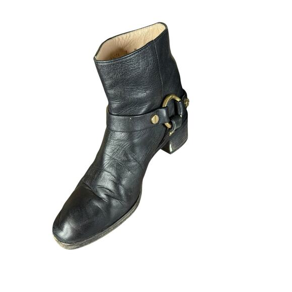 Stuart Weitzman Black Leather Harness Ankle Boots Size 7 Gold Hardware - Picture 6 of 11